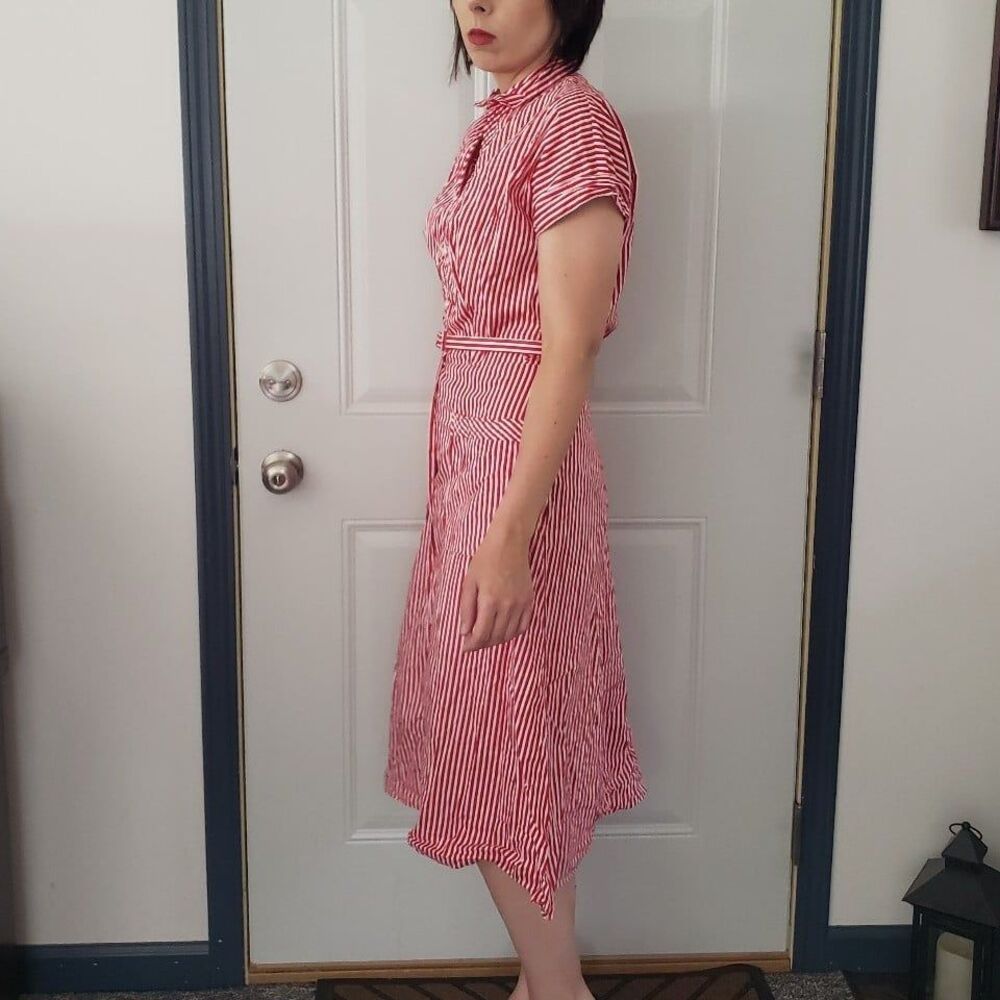 60s Red and White Striped Cotton Day Dress - Picture 2 of 4
